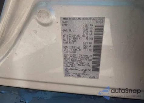 2019 Nissan Rogue Sv из США, поврежденный, VIN 5N1AT2MV5KC735020